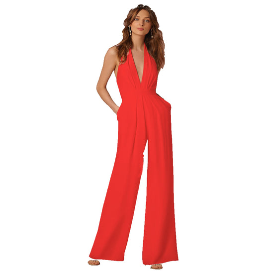 Summer Creative Women; Dress Fashion Solid Color Sexy Sleeveless Halter Pocket Loose Jumpsuit