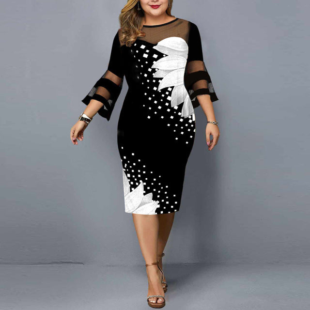 Plus Size Dress / Women Evening Party / Midi Elegant Mesh Lace Print / Floral Casual Black