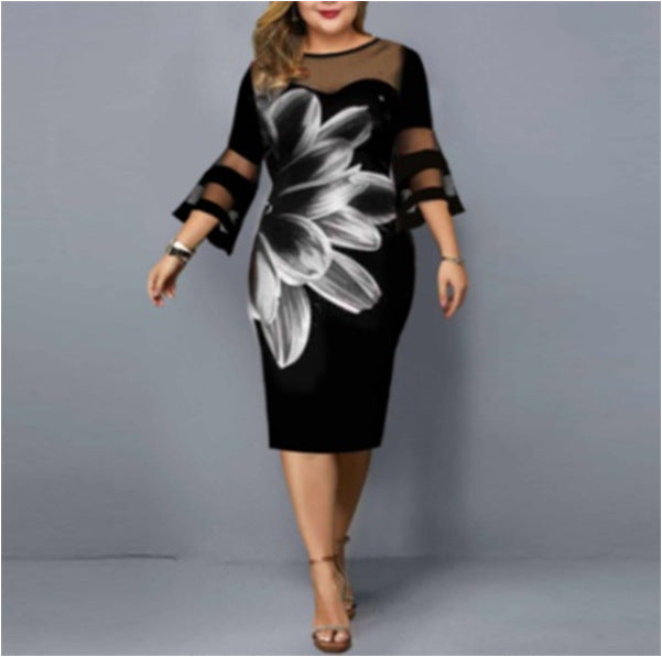 Plus Size Dress / Women Evening Party / Midi Elegant Mesh Lace Print / Floral Casual Black