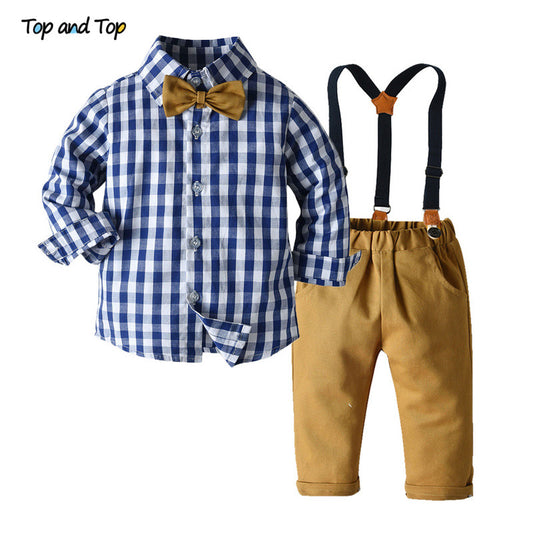 Boys Clothing Sets / Boys Long Sleeve Plaid Bowtie / Tops+Suspender Pants / Casual Clothes Outfit