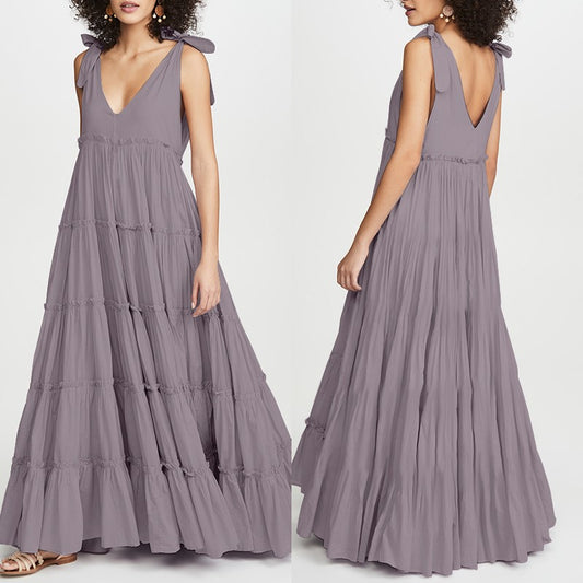 Women Summer Maxi Long Dress / A Fashion Lace Up V Neck Ruffles Sundress / Solid Sleeveless Party Casual Dress
