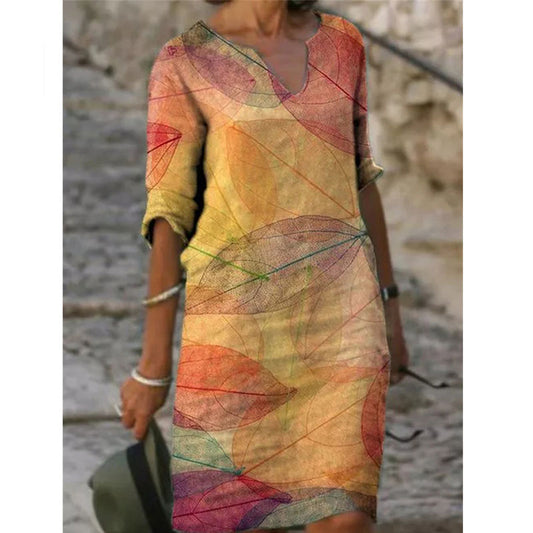 2021 Printed Loose Satin Night Dress Women&#39;s Fashion Casual Half Sleeve Vintage Spring Summer V-neck All-match Beach Dresses
